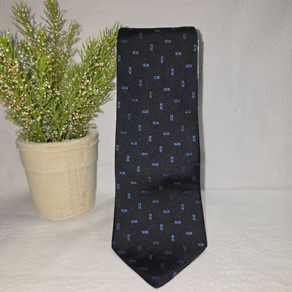 MENS TOMMY HILFIGER 100% SILK TIE BLACK WITH ELECTRIC BLUE DESIGN EUC - Picture 1 of 5